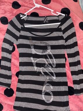 Bebe Black & Gray Striped Scoop Neck Rhinestone lace design Logo Top